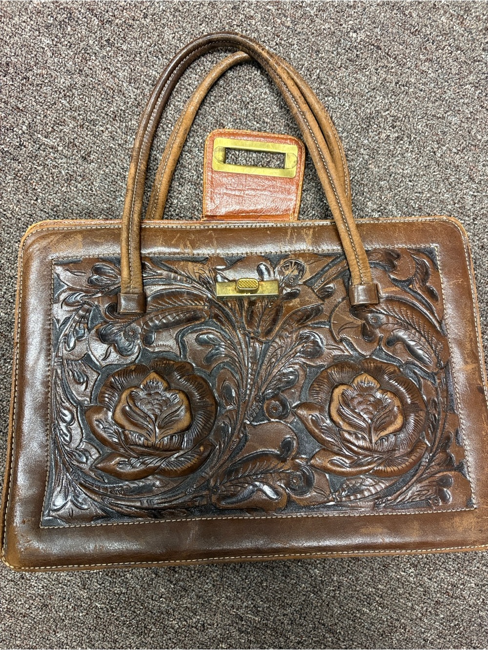 Vintage Mexican Tooled Leather Briefcase Satchel Floral Handcrafted Brown Bag